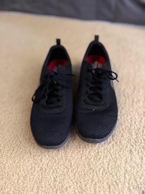 Skechers Women’s Slip Resistant Black Knit Athletic Sneakers with Red Lining
